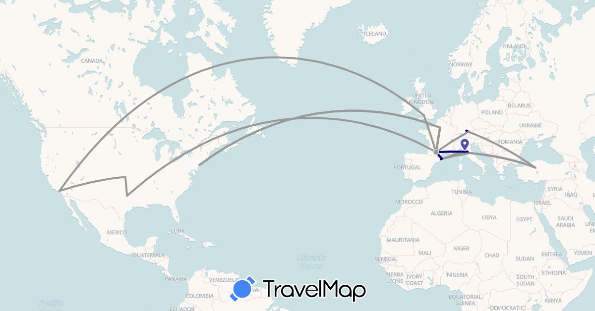 TravelMap itinerary: driving, plane in Germany, Spain, France, United Kingdom, Italy, Turkey, United States (Asia, Europe, North America)